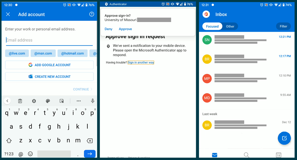 3 panel view showing the what the log in screen for outlook looks like